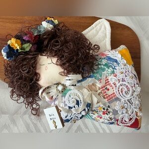 Handmade Quilt Colorful Patchwork Doll Angel with Bible Pillow Decor Lace